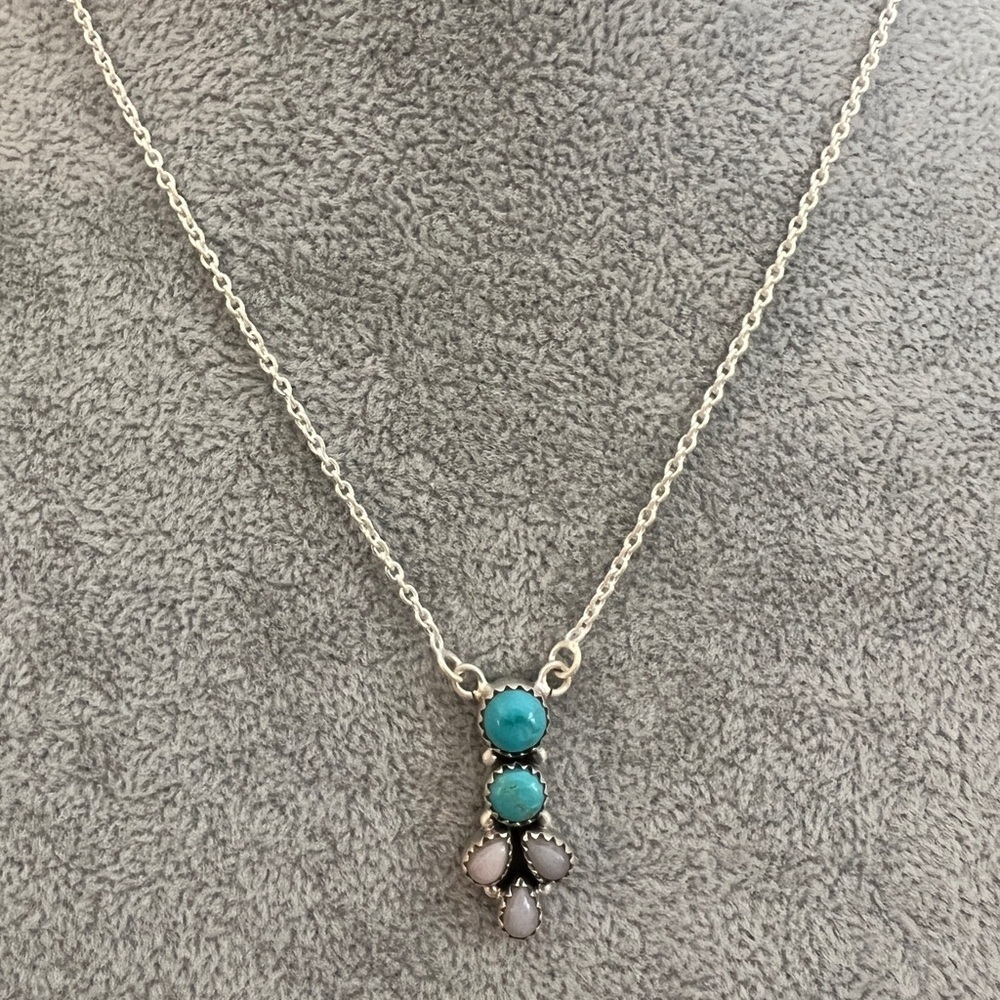 ❤️ Bluebird Turquoise & Pink Opal 925 Southwestern Navajo Necklace 18+2”L 11.4Gm - Picture 4 of 12